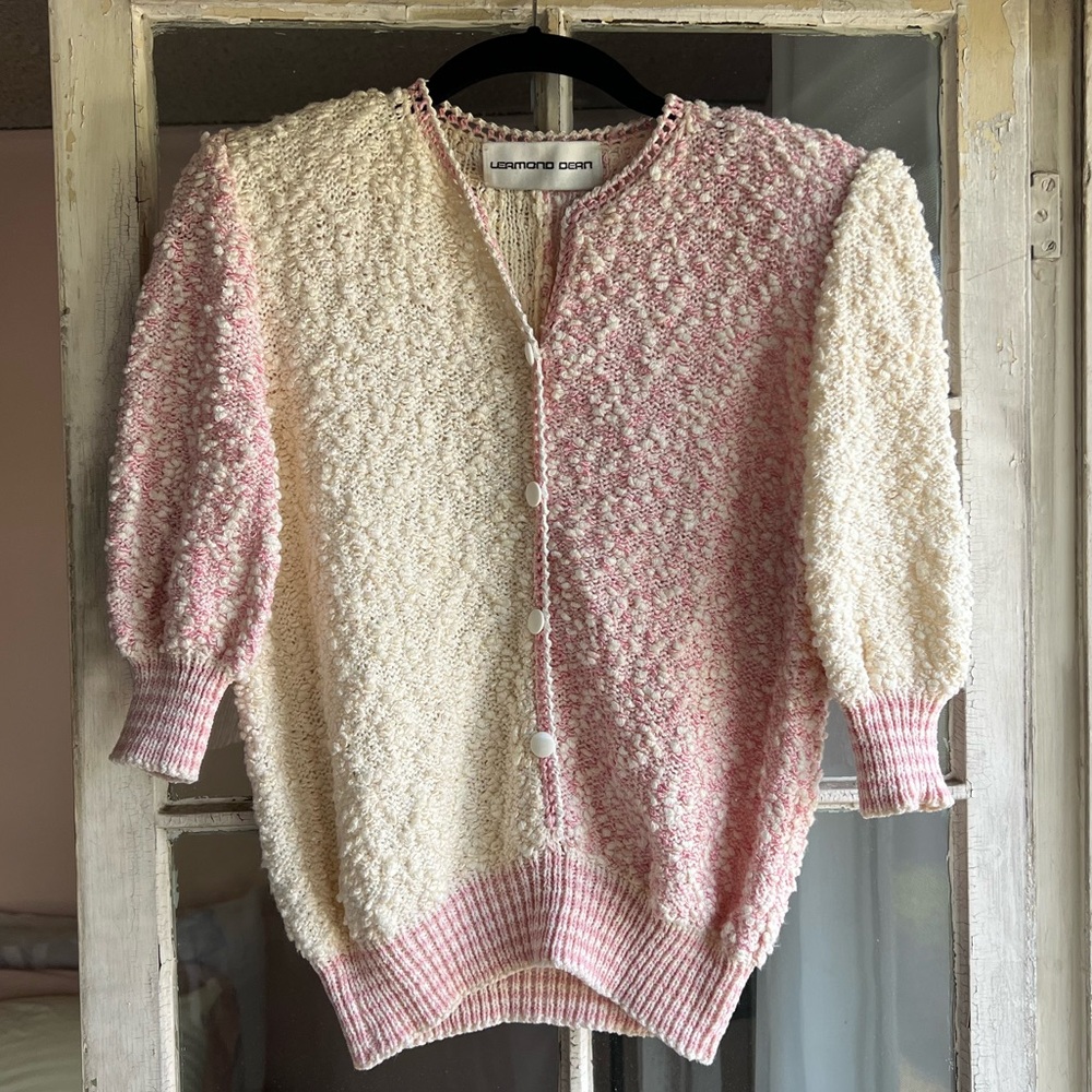 Cream and Pink  Colorblock Boucle Elbow Sleeve Puff Sleeve Sweater
